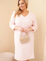 Šaty dámské Plus Size máslové s výstřihem do V a rukávem pudrově růžová