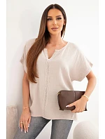 Dámská bavlněná oversize halenka s výstřihem do V a s krajkou béžová