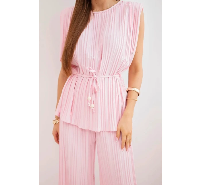 Dámský viskózový plisovaný komplet s vázanou halenkou a širokými kalhotami cukrově růžová