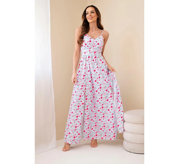 Dámské maxi šaty s květinovým vzorem na ramínkách se zavazováním na zádech modré