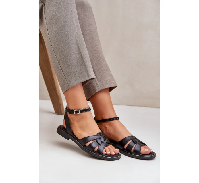 Zazoo model 21682196 Ploché Dámské Kožené Sandály Černé - Boto Zazoo model 21682196 Ploché Dámské Kožené Sandály Černé - Boto