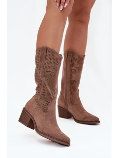 Ažurové Kozačky Na Podpatku Tmavě Béžové model 21708366 - Boto