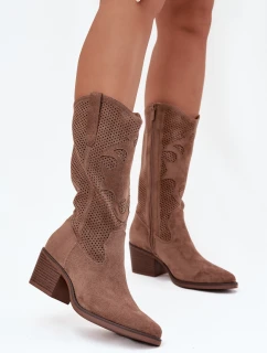 Ažurové Kozačky Na Podpatku Tmavě Béžové model 21708366 - Boto