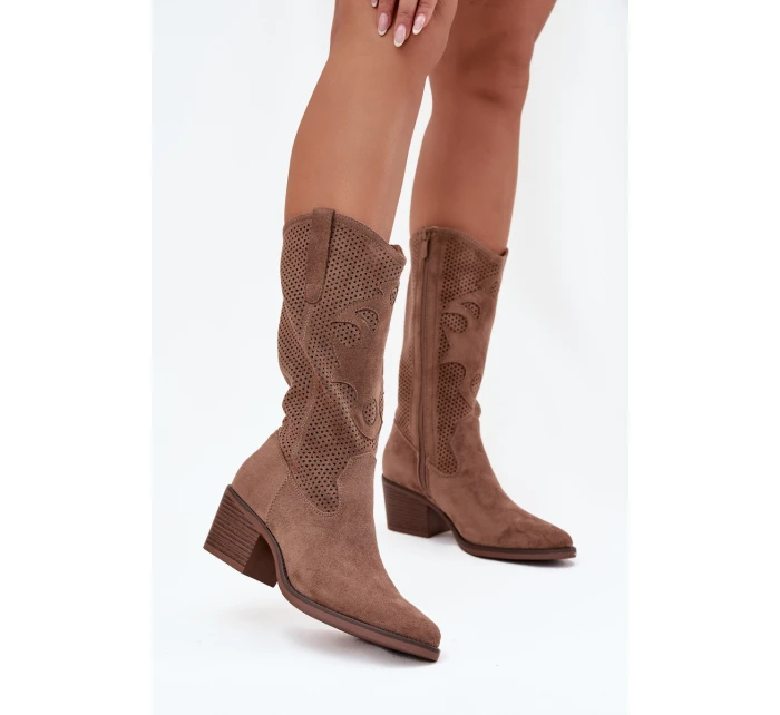 Ažurové Kozačky Na Podpatku Tmavě Béžové model 21708366 - Boto