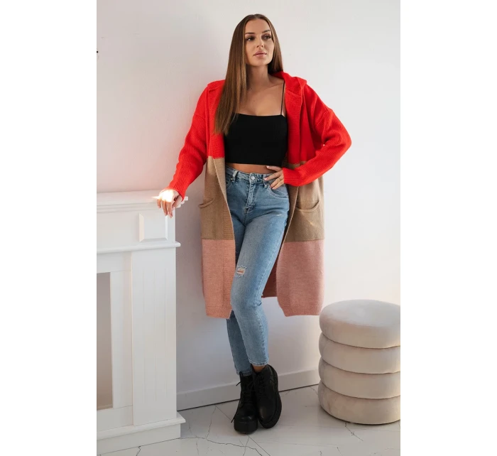 Pruhovaný svetr s kapucí model 19361626 růžová - K-Fashion