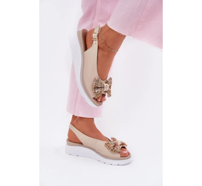 Dámské Kožené Sandály Na Klínu S Mašlí Béžové Zazoo 1882