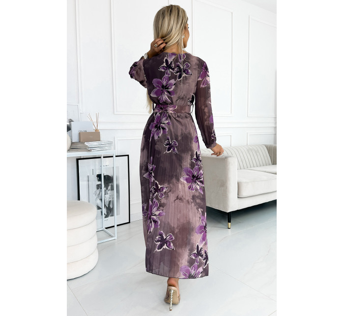 Dlouhé dámské plisované šifonové šaty s výstřihem, dlouhými rukávy, širokým opaskem a se vzorem velkých fialových květů 520-1