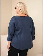 Dámská bavlněná plus size halenka s potiskem a výstřihem U modrá