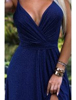 Tmavě modré elegantní dlouhé lesklé dámské šaty s výstřihem a s rozparkem na model 20119787 - numoco