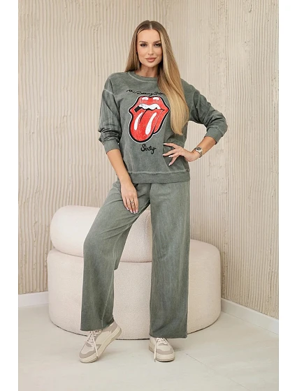 Bavlněná souprava model 20330053 potiskem teplákové + kalhoty khaki - K-Fashion Bavlněná souprava model 20330053 potiskem teplákové + kalhoty khaki - K-Fashion