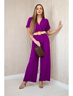 Kombinéza s ozdobným páskem v pase tmavě fialová