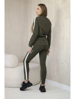 Dámská bavlněná souprava s proužky a stahovacími lemy khaki