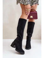 Zdobené Dámské Kozačky Nad Kolena Zateplené Na Sloupku MR880-158 Černé