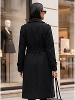 Dlouhý dámský dvouřadý kabát s páskem, černý, FashionStreet NY0806 Dlouhý dámský dvouřadý kabát s páskem, černý, FashionStreet NY0806