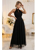 model 21961746 Elegantní maxi večerní šaty na ramínka s tylem a zavazováním v pase černé - numoco basic model 21961746 Elegantní maxi večerní šaty na ramínka s tylem a zavazováním v pase černé - numoco basic