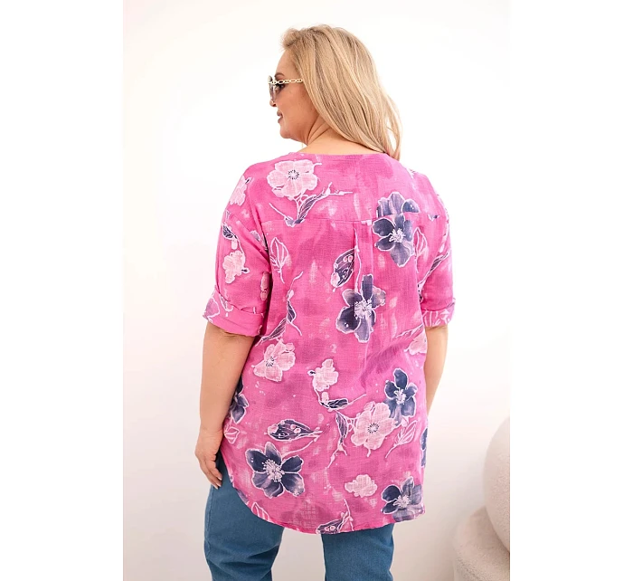 Dámská bavlněná halenka s květinovým vzorem plus size růžová