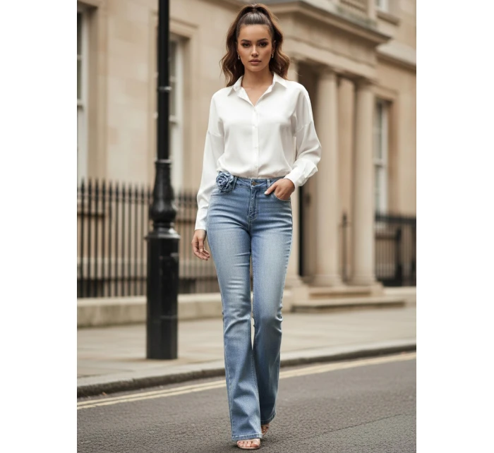 Dámské džínové zvonové kalhoty s květinou FLOWERSSE modré FashionStreet UY2677 Dámské džínové zvonové kalhoty s květinou FLOWERSSE modré FashionStreet UY2677