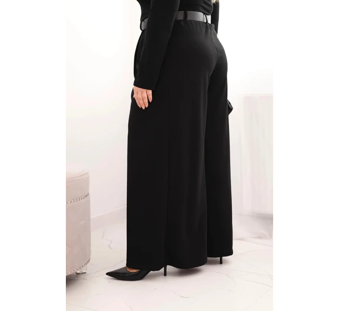 Dámské kalhoty Plus Size s širokou nohavicí a páskem černé