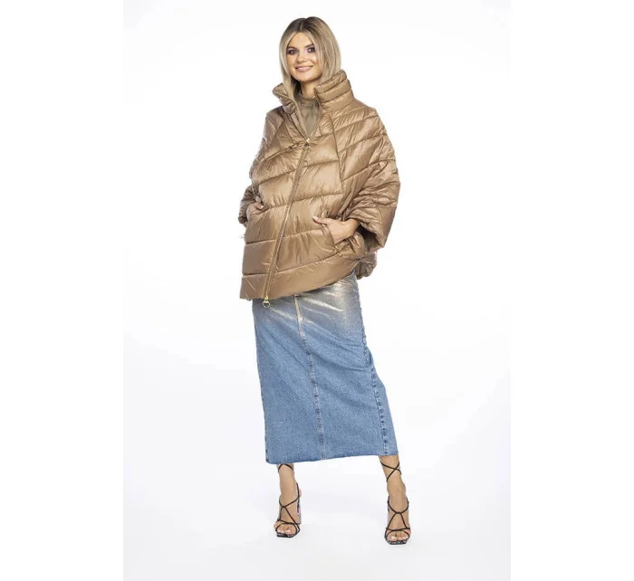 Tmavě béžová dámská bunda pončo s ozdobnými zipy model 19035476 - Ann Gissy