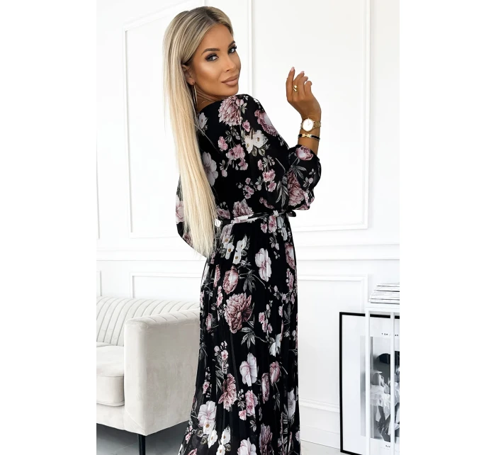 Černé dámské plisované midi šaty s výstřihem, dlouhými rukávy, zavazováním v pase a se vzorem květů model 21883680 - numoco basic