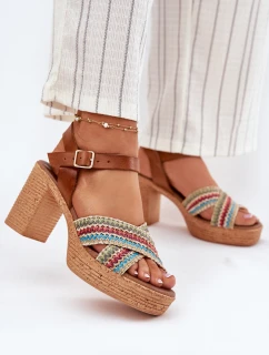 Kožené Sandály Na Podpatku S Pletením Na Páscích Hnědé Zazoo 40460