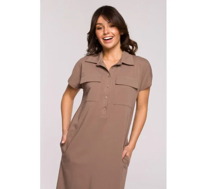 B222 Safari šaty s kapsami s klopou - kakao B222 Safari šaty s kapsami s klopou - kakao