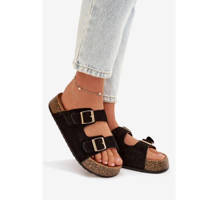 Dámské pantofle na korkové platformě se zlatými sponami Černé Tovessa Dámské pantofle na korkové platformě se zlatými sponami Černé Tovessa