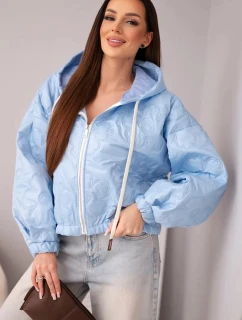 Dámská prošívaná bunda s kapucí a ozdobným květinovým ražením modrá