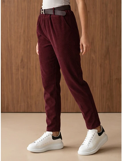 Dámské manšestrové kalhoty s páskem, vínové, FashionStreet UY3147 Dámské manšestrové kalhoty s páskem, vínové, FashionStreet UY3147