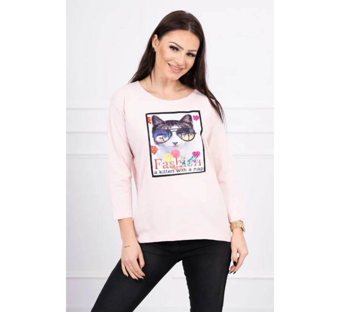 Halenka s 3D grafikou kočky pudrově růžová Halenka s 3D grafikou kočky pudrově růžová