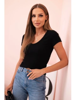 Dámská pruhovaná blůza s model 21772772 výstřihem a krátkým rukávem černá - K-Fashion