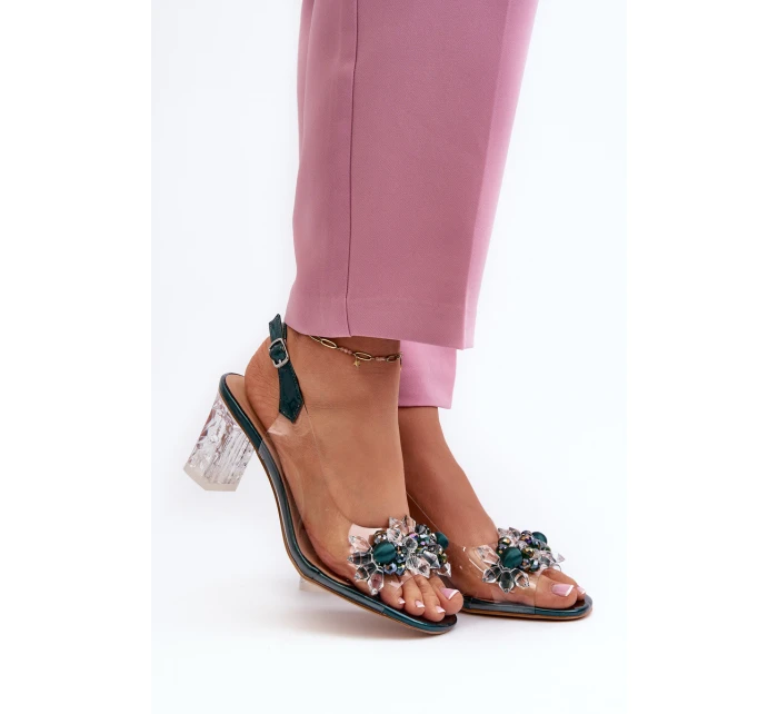 Průhledné sandály na podpatku s ozdobami zelené D&A MR38-D1