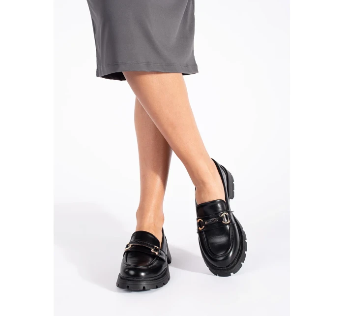 Jedinečné  mokasíny černé dámské na plochém podpatku