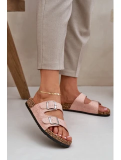 Textilové pantofle na korkové podrážce s přezkami růžové Atera