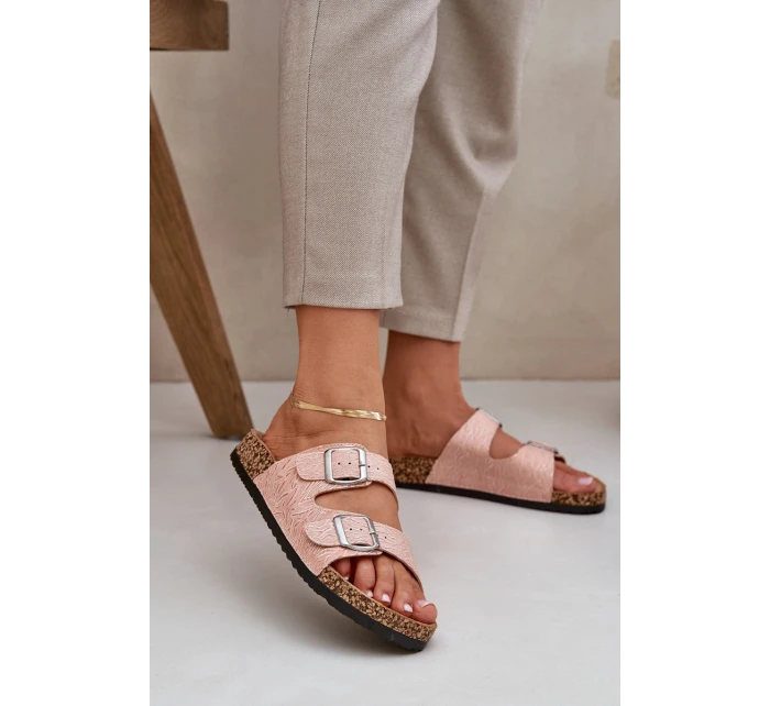 Textilové pantofle na korkové podrážce s přezkami růžové Atera Textilové pantofle na korkové podrážce s přezkami růžové Atera