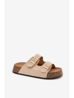 Dámské pantofle na korkové platformě se zlatými sponami světle béžové model 21919272 - EVENTO