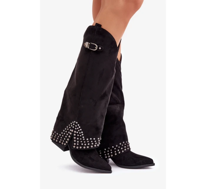 Kozačky s ohrnutým svrškem na podpatku černé Iveliri