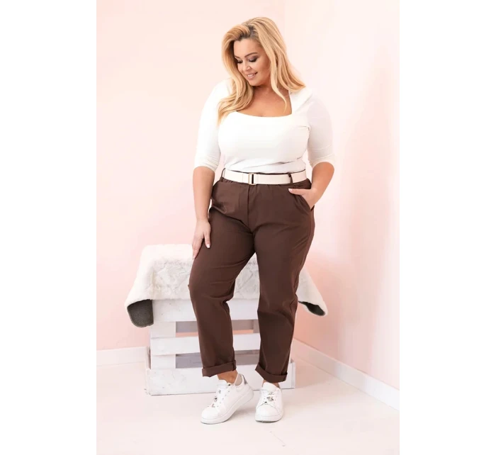 Dámské kalhoty Punto Milano Winter Plus Size s páskem hnědé