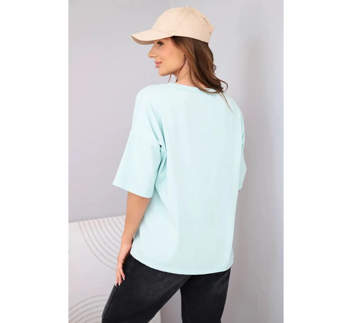 Dámská bavlněná oversize halenka s krátkým rukávem a potiskem mentolová