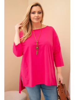 Dámská bavlněná blůza Plus Size asymetrická s náhrdelníkem fuchsiová
