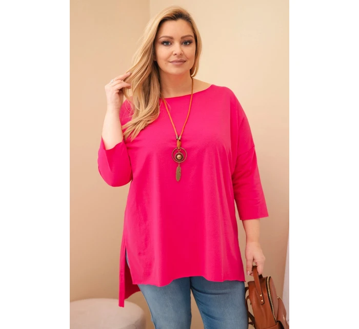 Dámská bavlněná blůza Plus Size asymetrická s náhrdelníkem fuchsiová