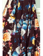 Dlouhé dámské černé šaty s barevnými květy a španělským výstřihem model 7118058