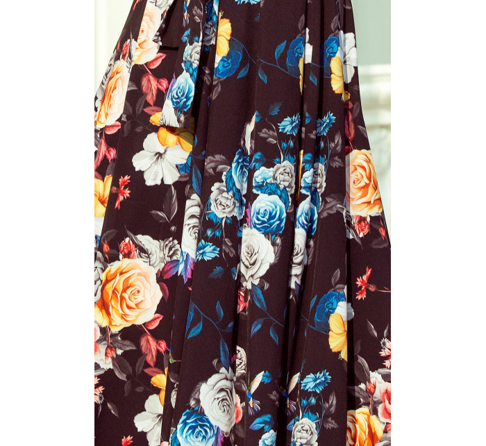 Dlouhé dámské černé šaty s barevnými květy a španělským výstřihem model 7118058