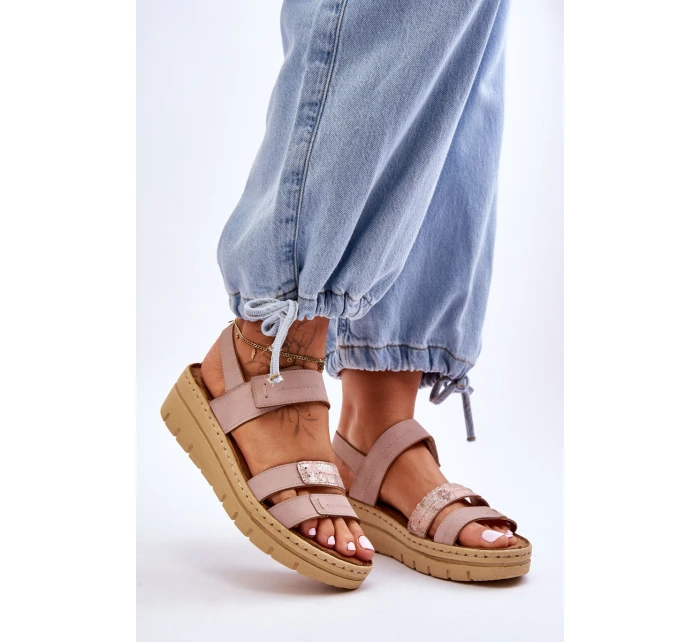 Dámské kožené sandály se suchým zipem růžové Fresh Look
