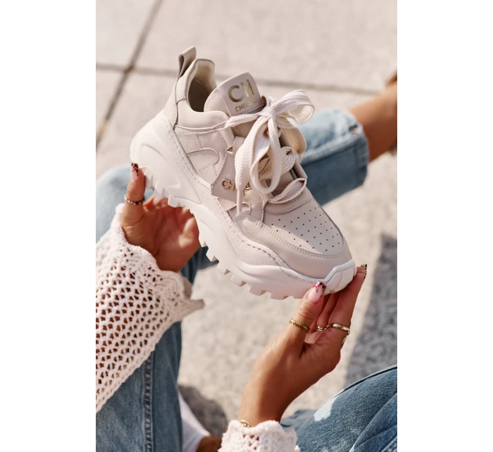 Dámské Kožené Tenisky Béžové model 21671647 - CheBello