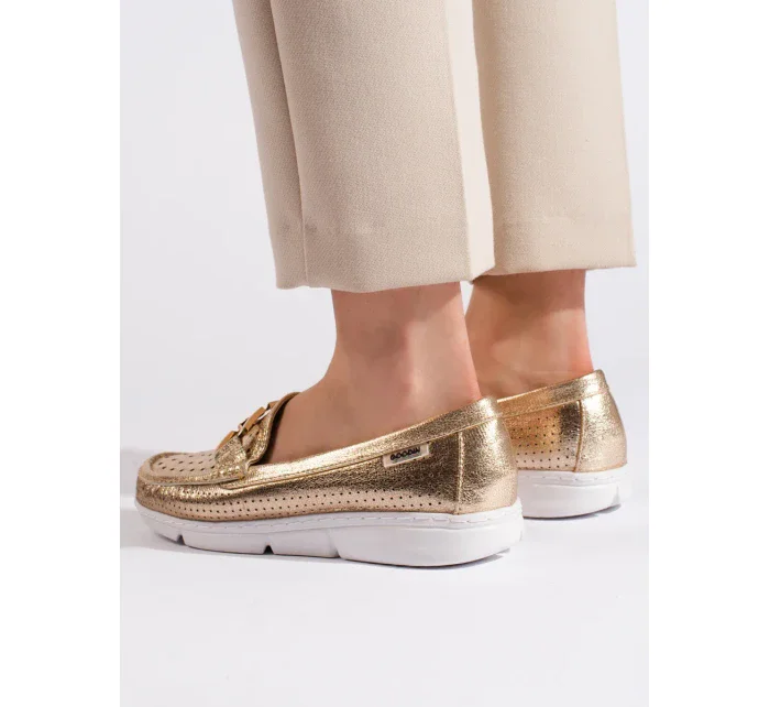 Klasické  mokasíny zlaté dámské bez podpatku