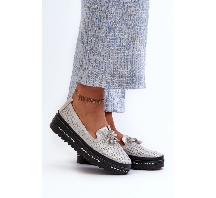 Lesklé Dámské Kozačky Kůže Na Platformě  Stříbrné model 21660111 - S.Barski