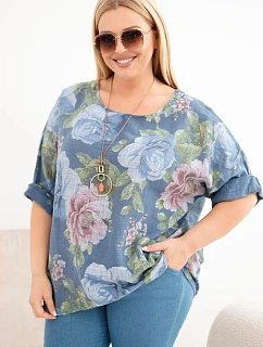 Dámská bavlněná model 22092342 Plus Size s krátkým rukávem a květinovým vzorem džínová - K-Fashion