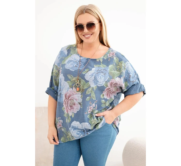 Dámská bavlněná blůzka Plus Size s krátkým rukávem a květinovým vzorem džínová