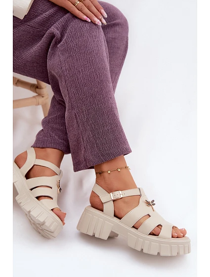 Kožené dámské sandály na platformě s vážkou Vinceza 79627 Béžové